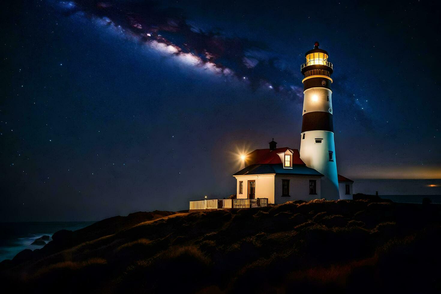 a lighthouse with stars above it and the milky. AI-Generated photo