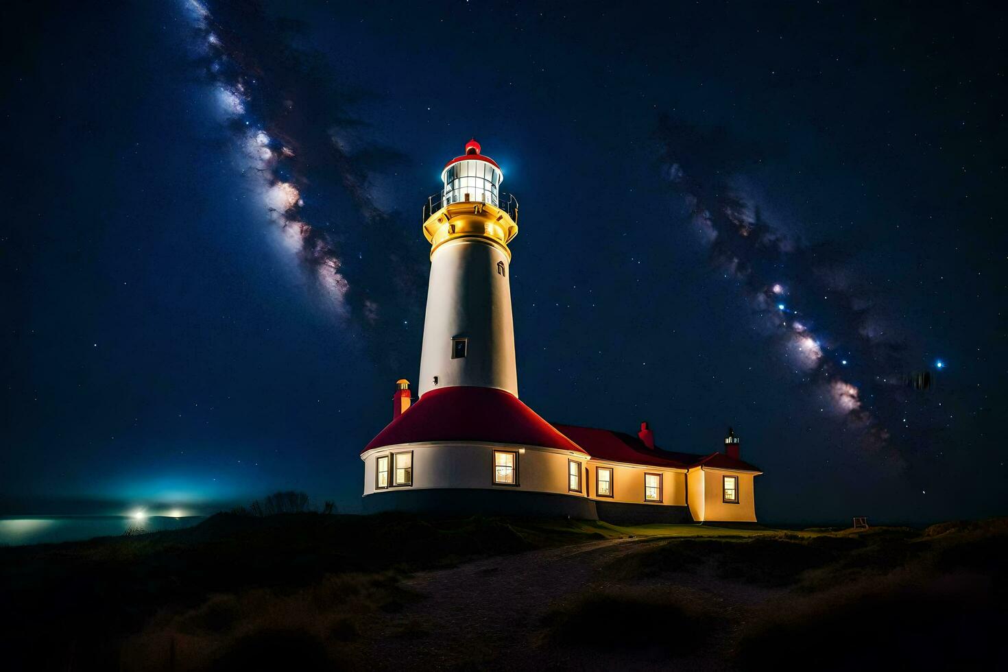 a lighthouse is lit up by the milky way. AI-Generated photo