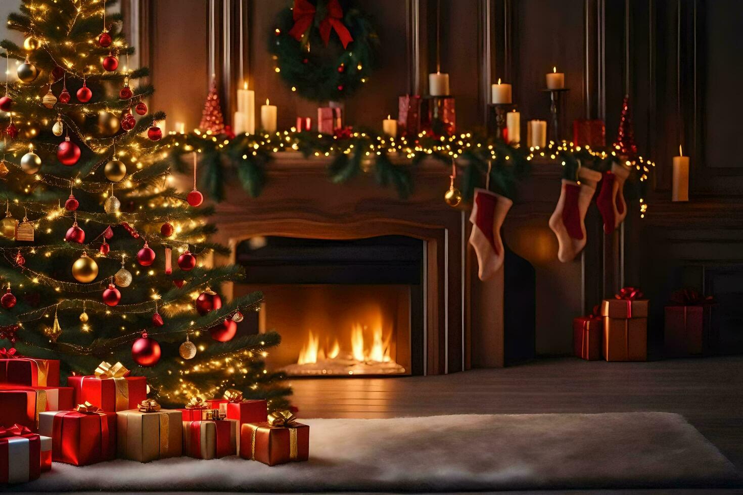 christmas tree in front of fireplace with presents. AI-Generated photo