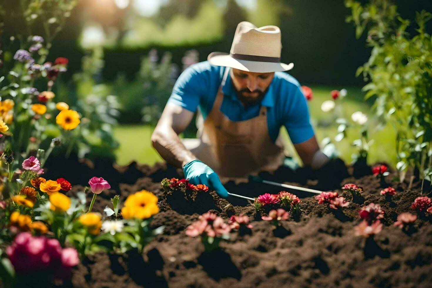 un hombre en un sombrero y azul camisa es trabajando en el jardín. generado por ai foto