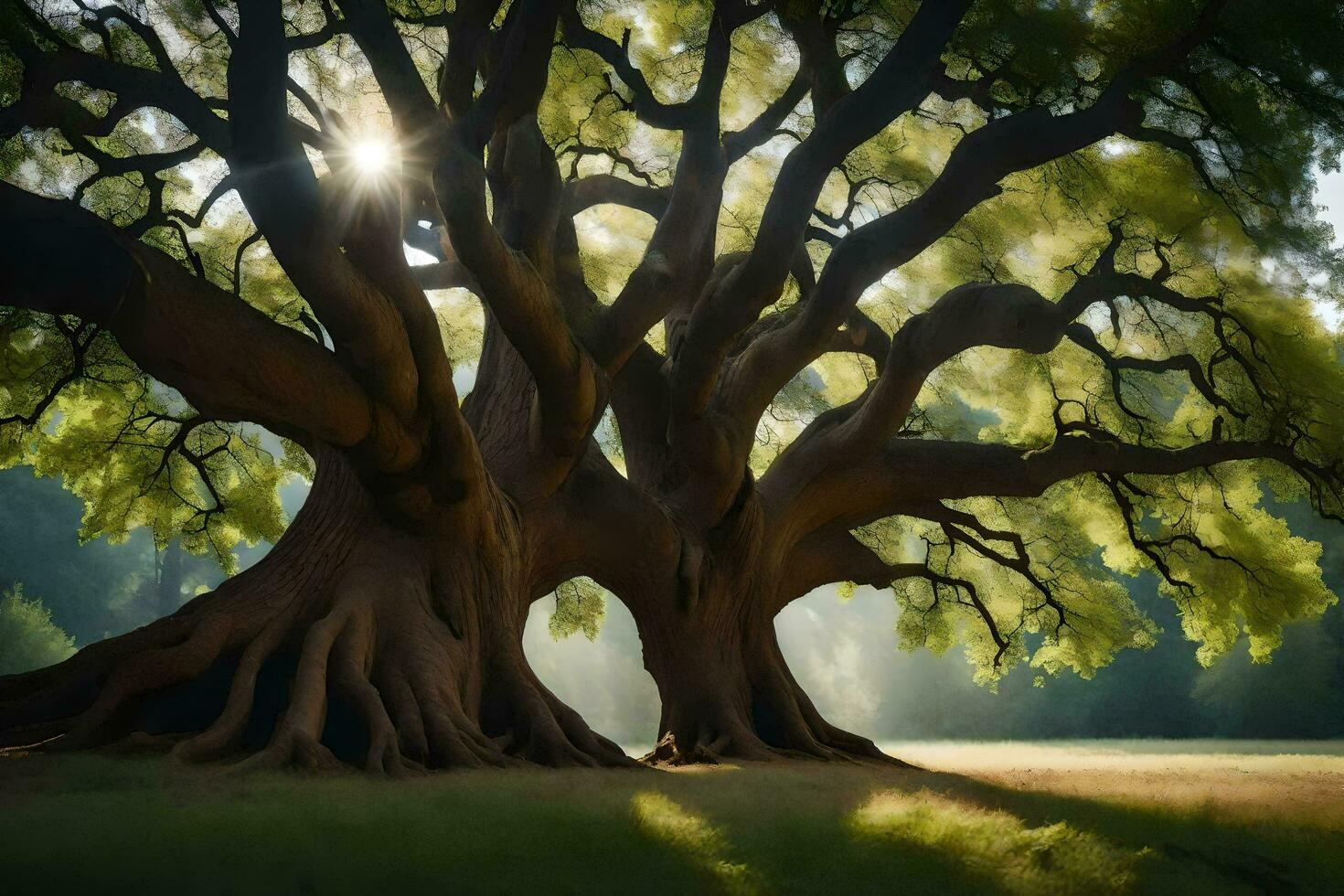 the sun shines through the branches of an old oak tree. AI-Generated photo