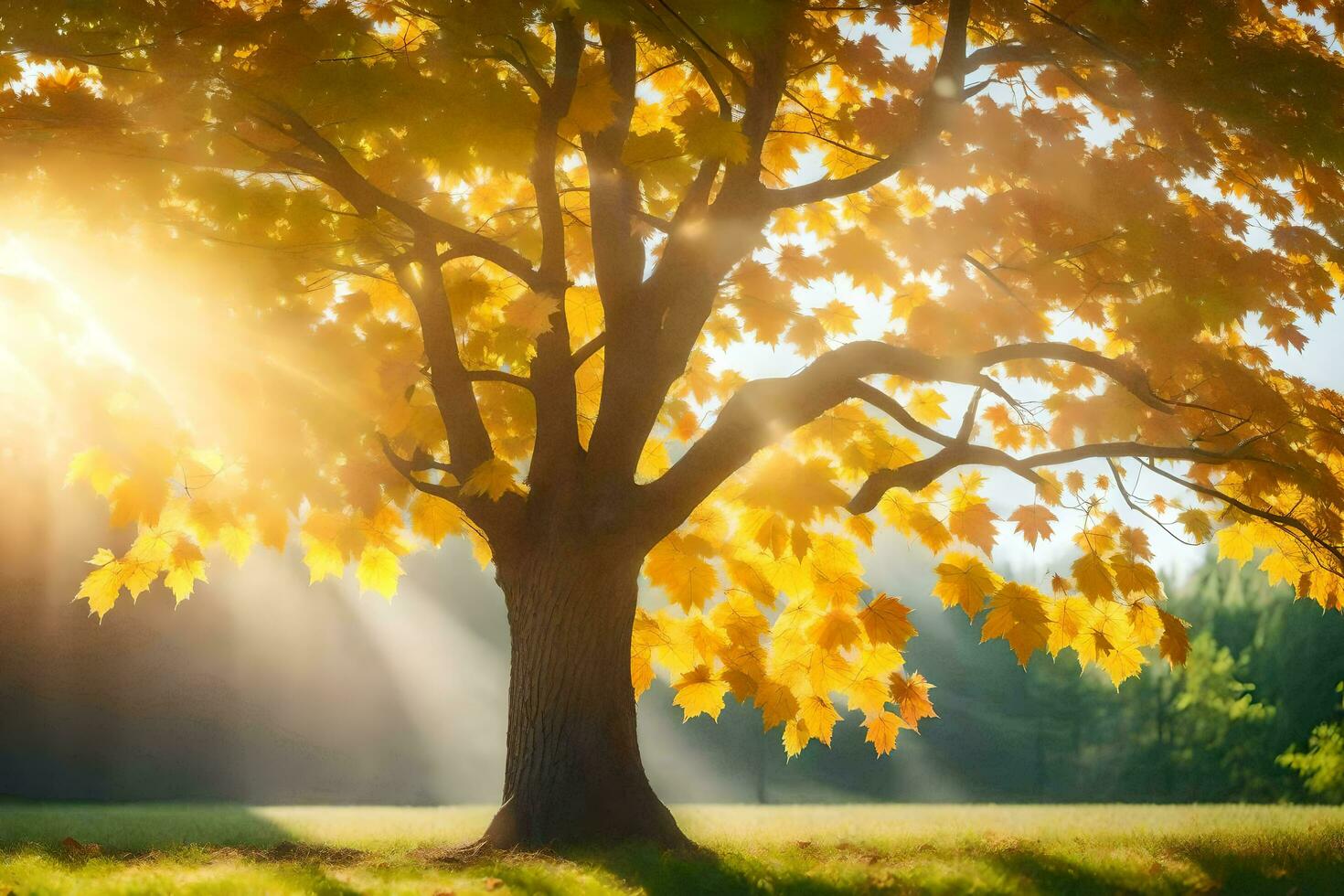the sun shines through the leaves of a tree. AI-Generated photo