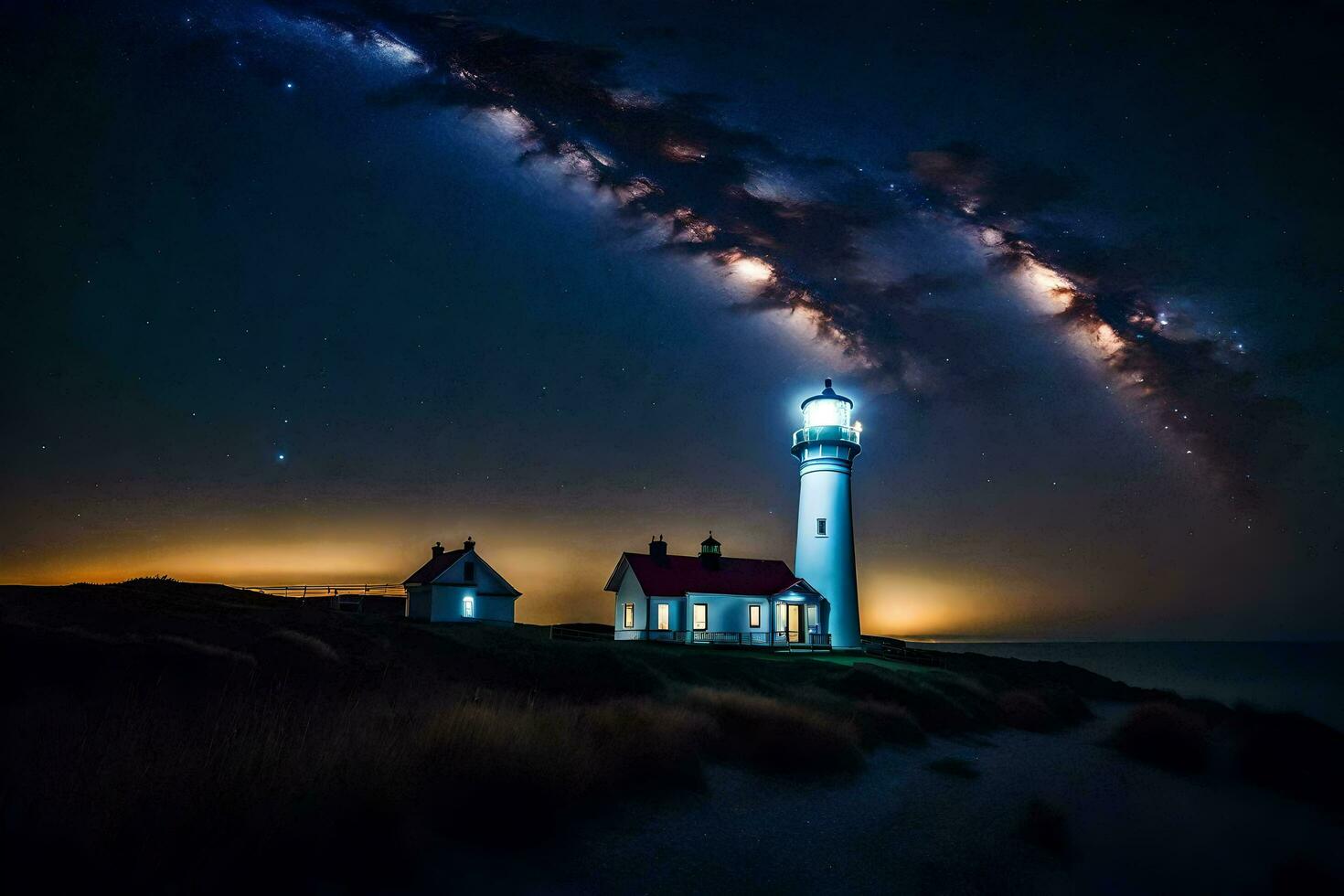 un faro y un casa debajo el estrellas. generado por ai foto