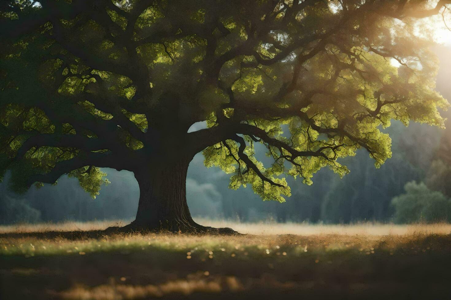 a large oak tree in the middle of a field. AI-Generated photo