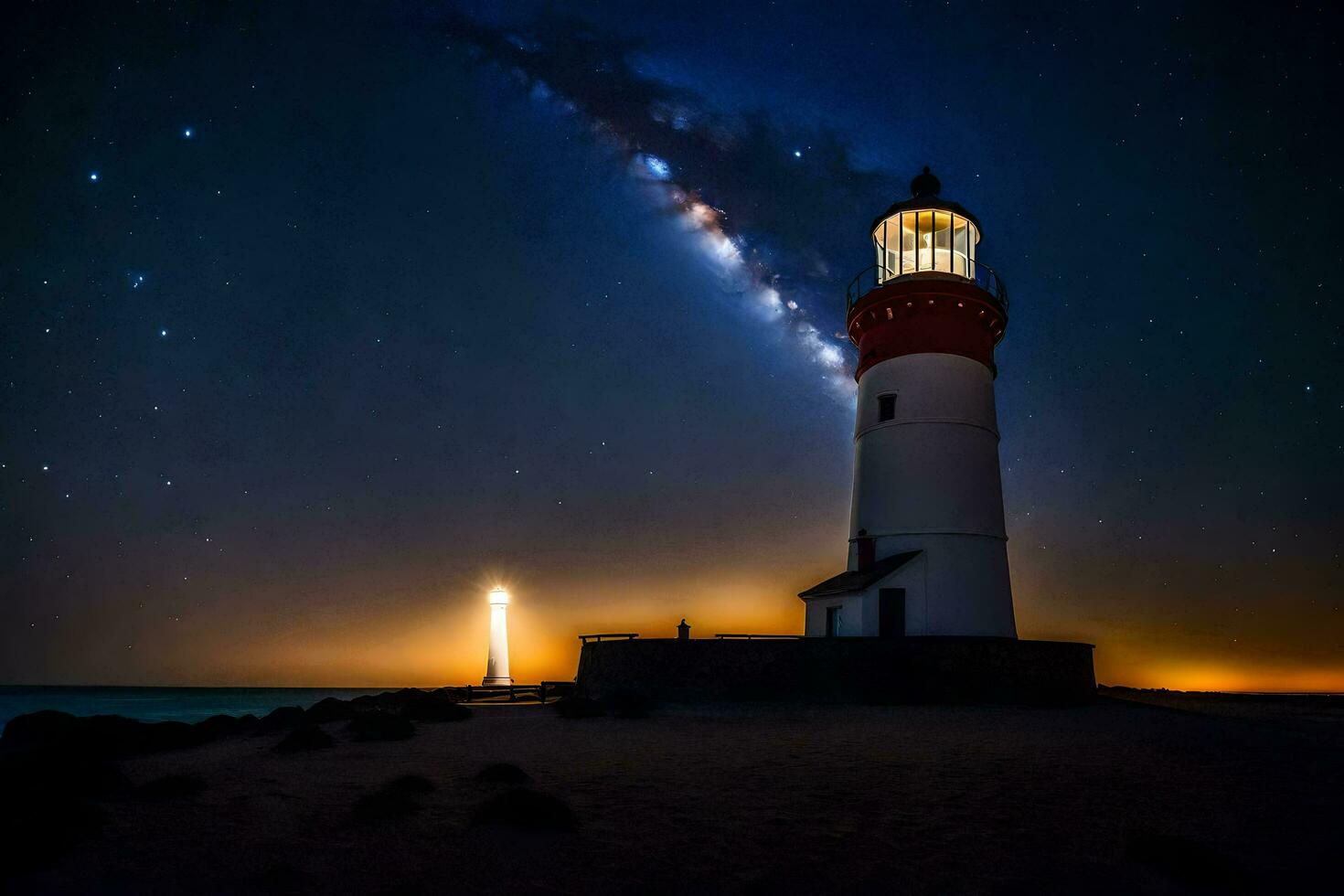 a lighthouse with a milky way in the background. AI-Generated photo