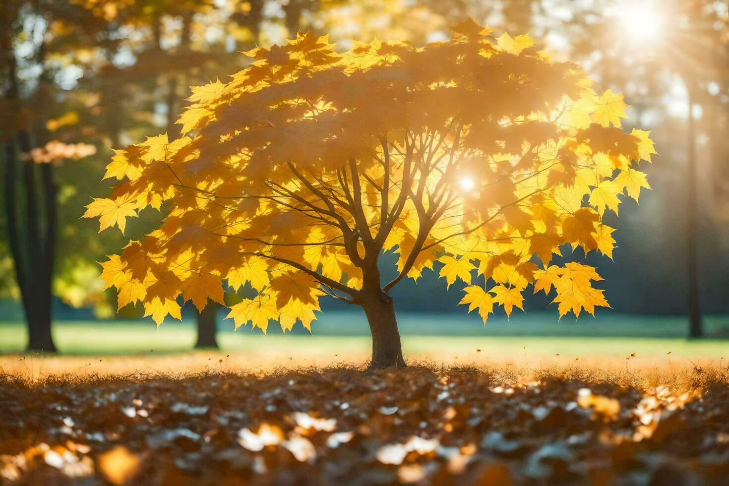 autumn tree in the park with sun shining through leaves. AI-Generated photo