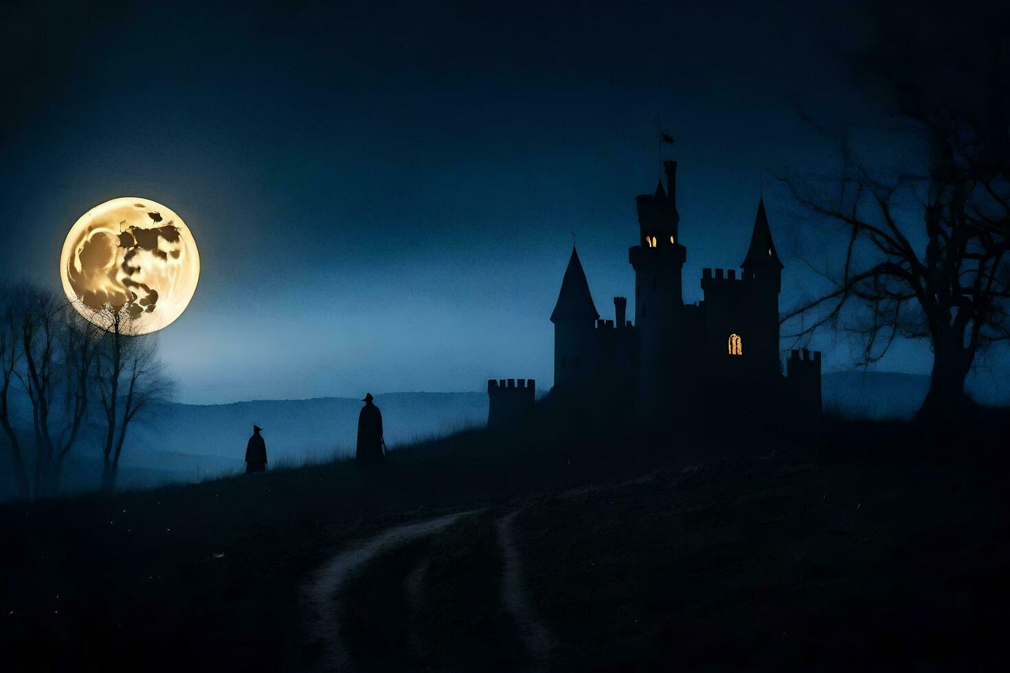 a castle in the dark with a full moon. AI-Generated photo