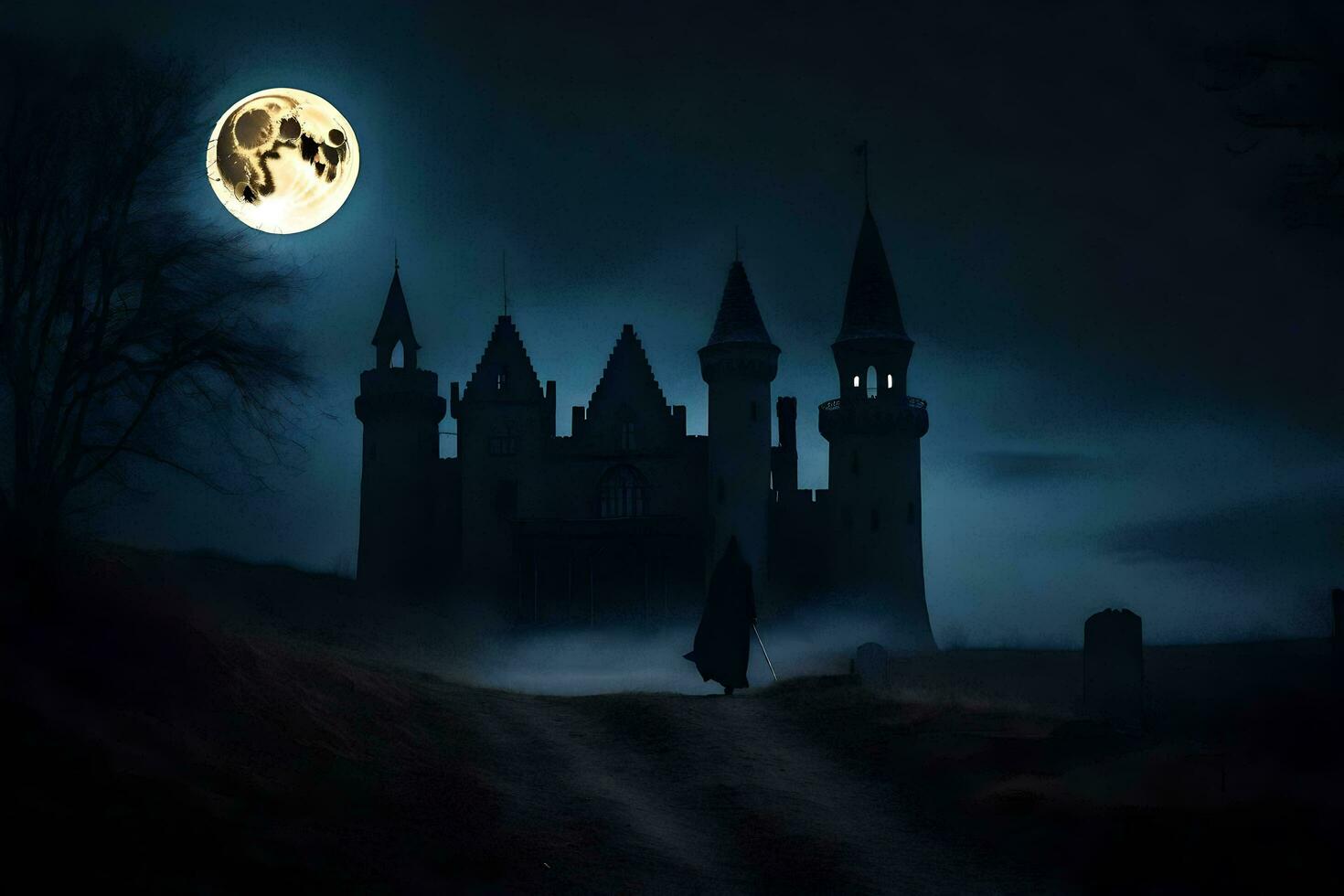 a castle in the dark with a full moon. AI-Generated photo