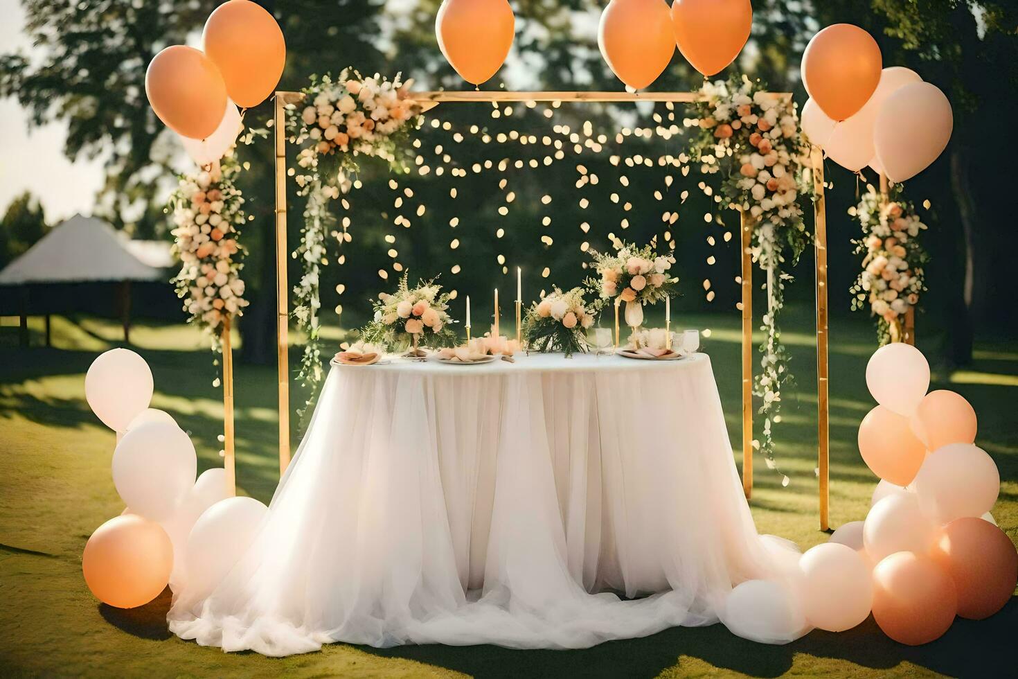 a wedding table with white and orange balloons. AI-Generated photo
