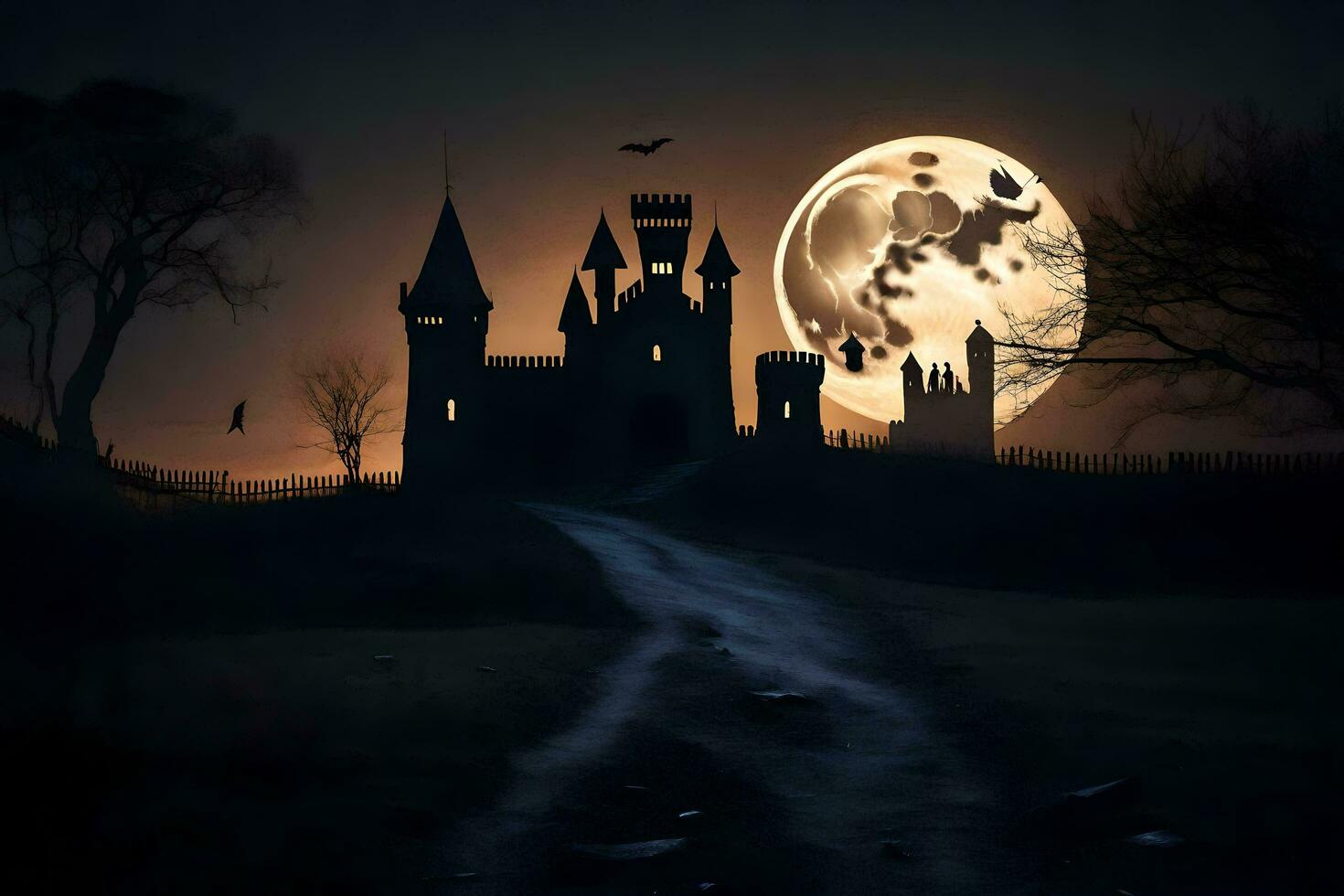 halloween castle with bats flying over it at night. AI-Generated photo