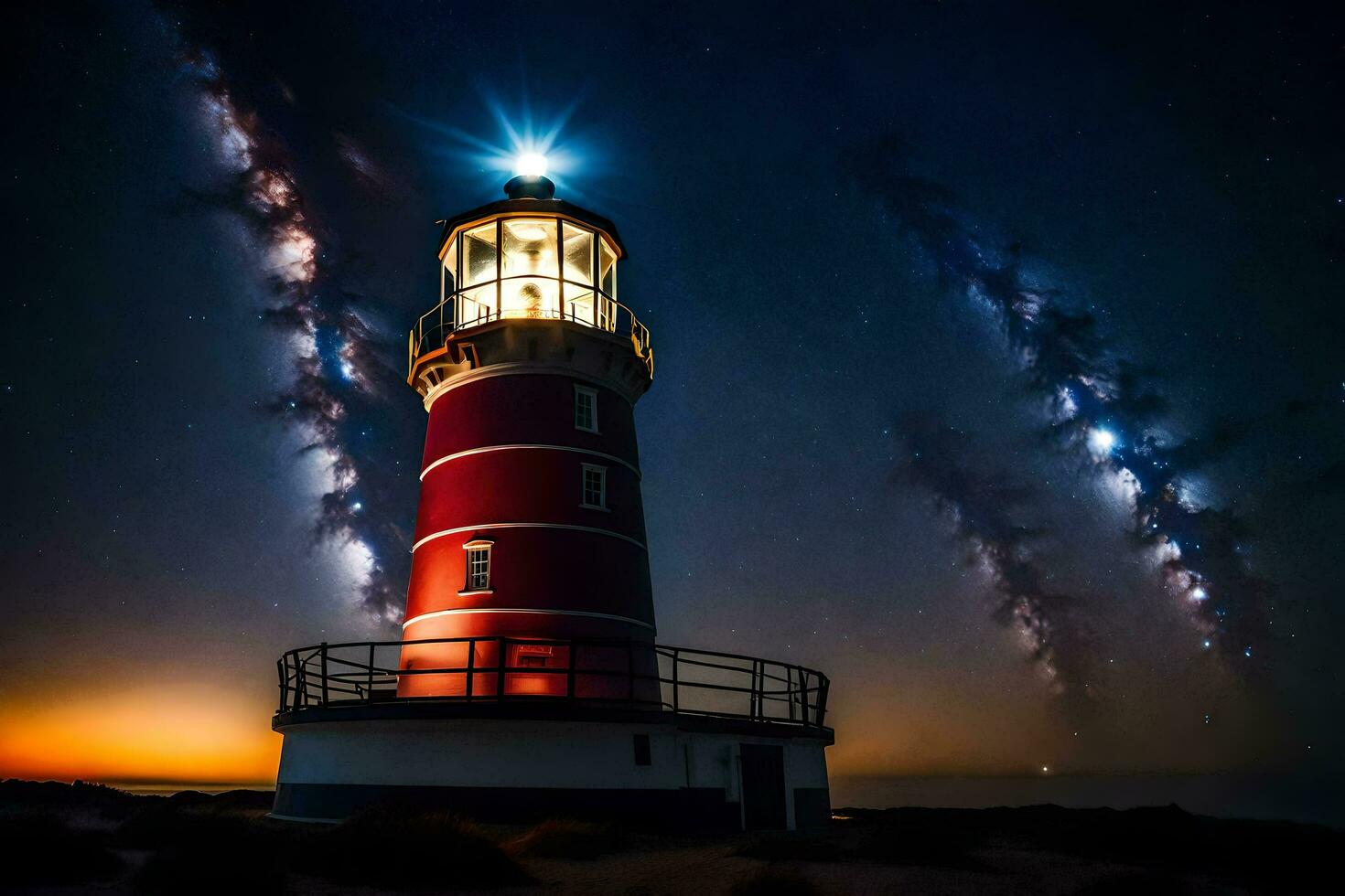 a lighthouse is lit up by the milky way. AI-Generated photo