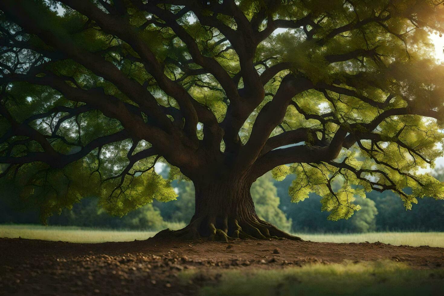 the sun shines through the leaves of an old oak tree. AI-Generated photo