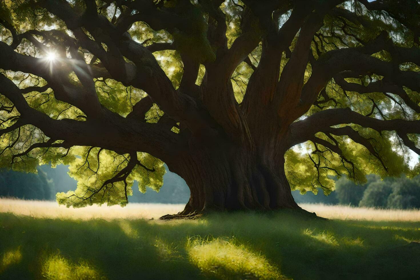 the sun shines through the branches of an old oak tree. AI-Generated photo