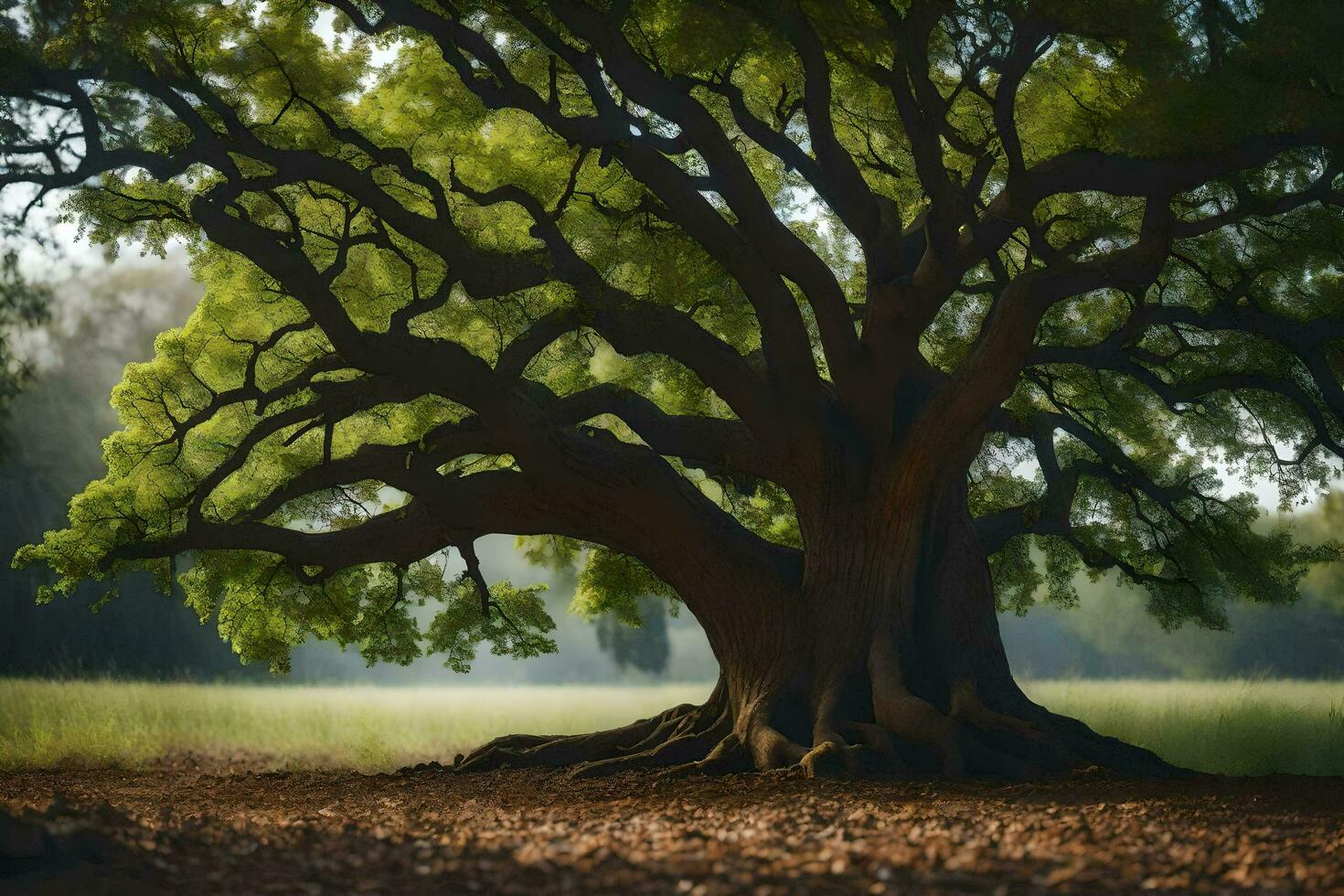 a large tree is shown in the middle of a field. AI-Generated photo