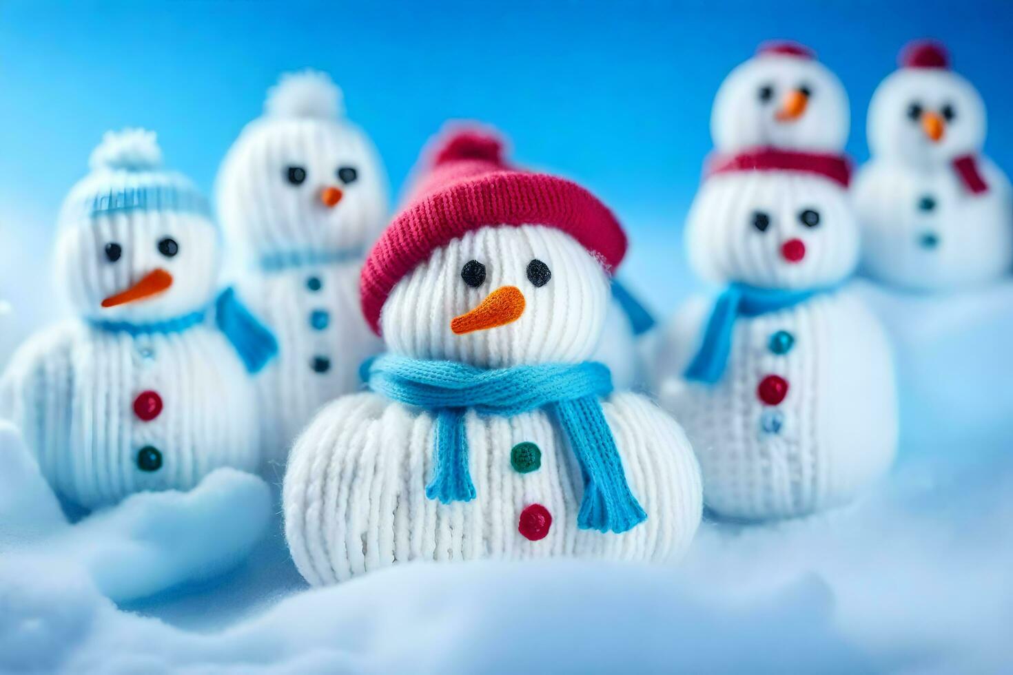 snowmen are made from knitted wool and are wearing hats. AI-Generated photo