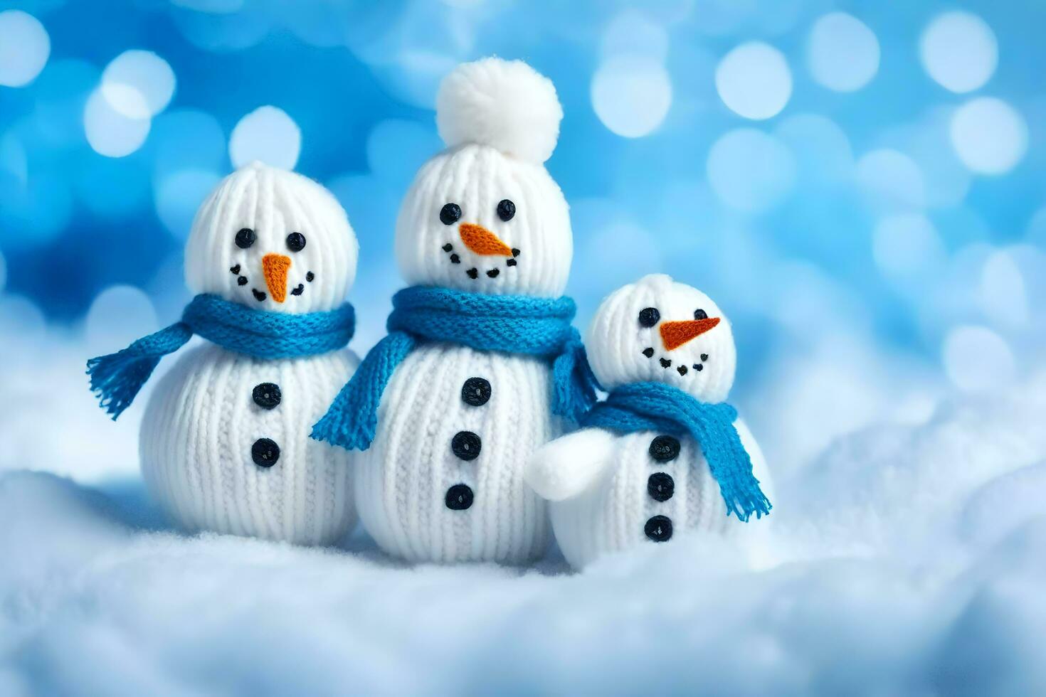three snowmen in blue and white scarves. AI-Generated photo
