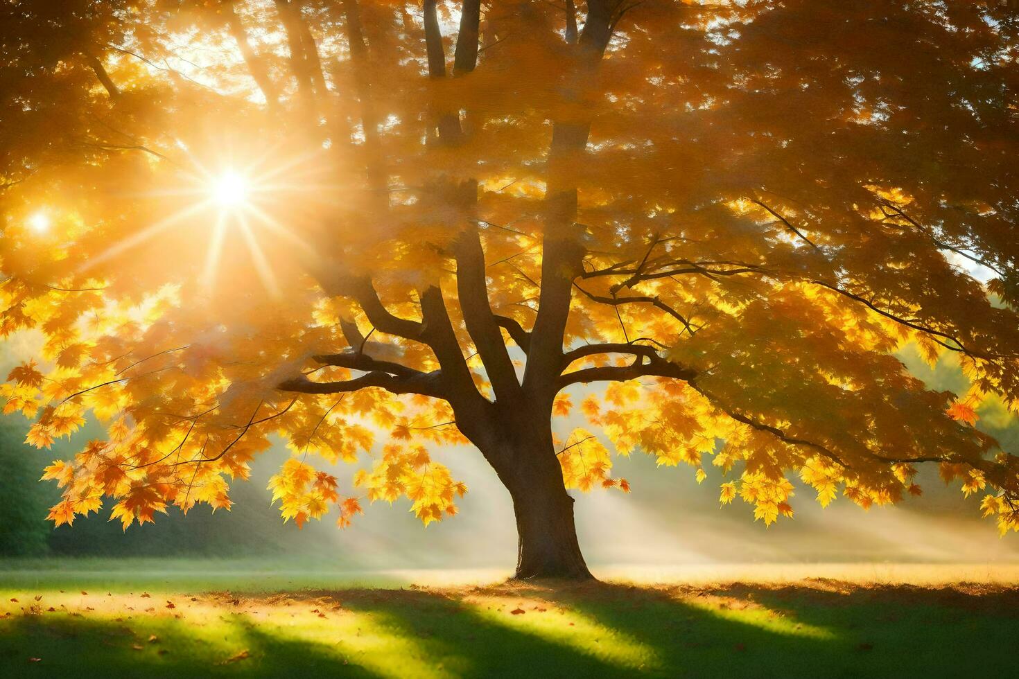 the sun shines through the leaves of a tree. AI-Generated photo