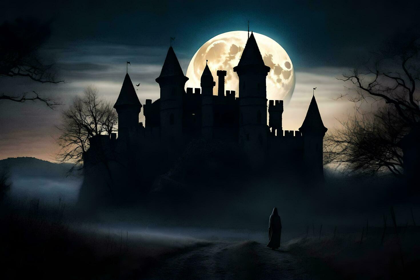 a castle in the dark with a full moon. AI-Generated photo