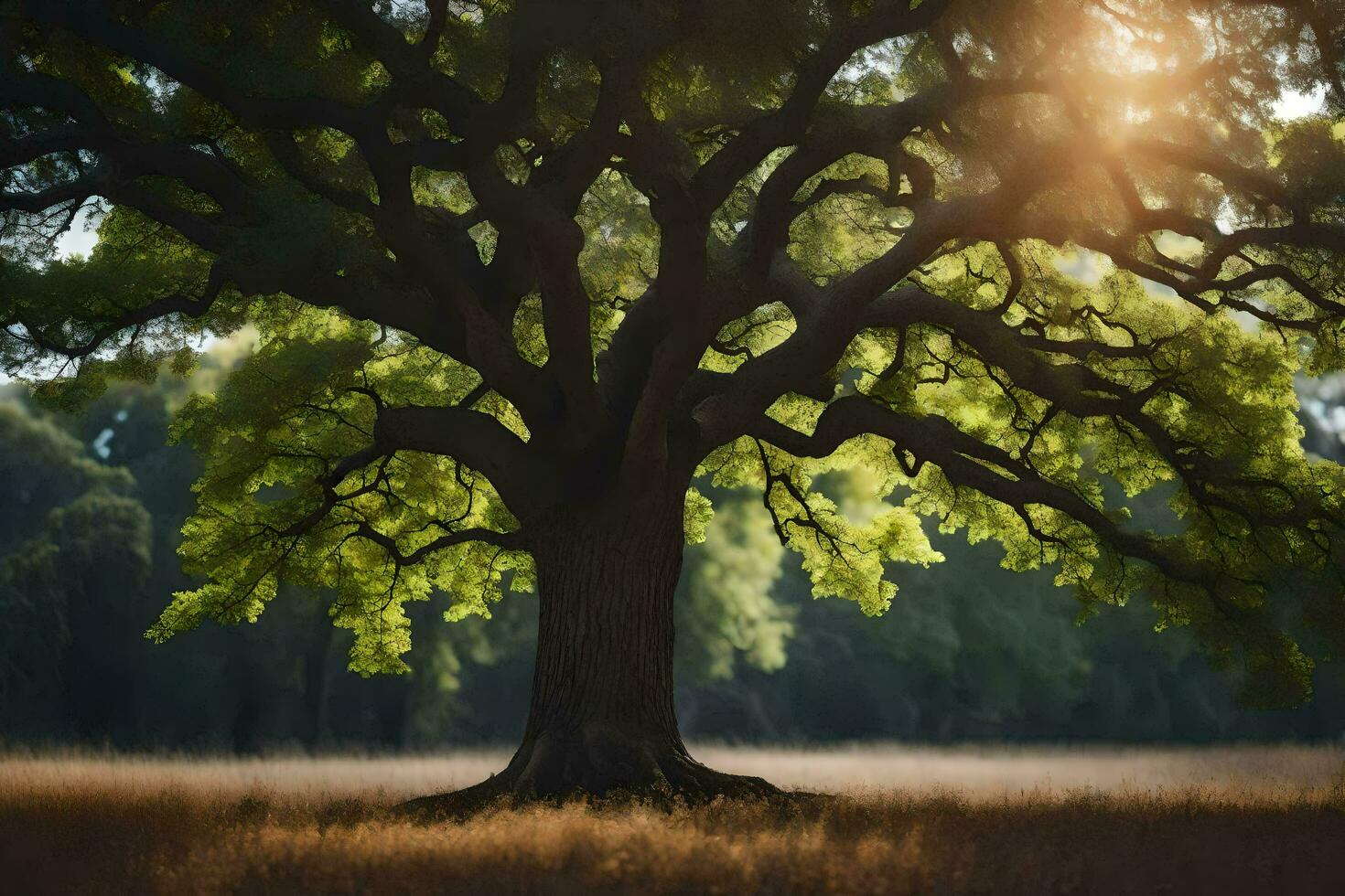 the sun shines through the leaves of an oak tree. AI-Generated photo