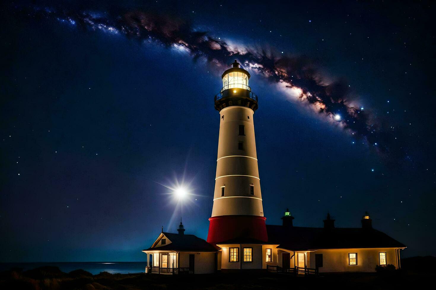 un faro con un estrellado cielo encima él. generado por ai foto