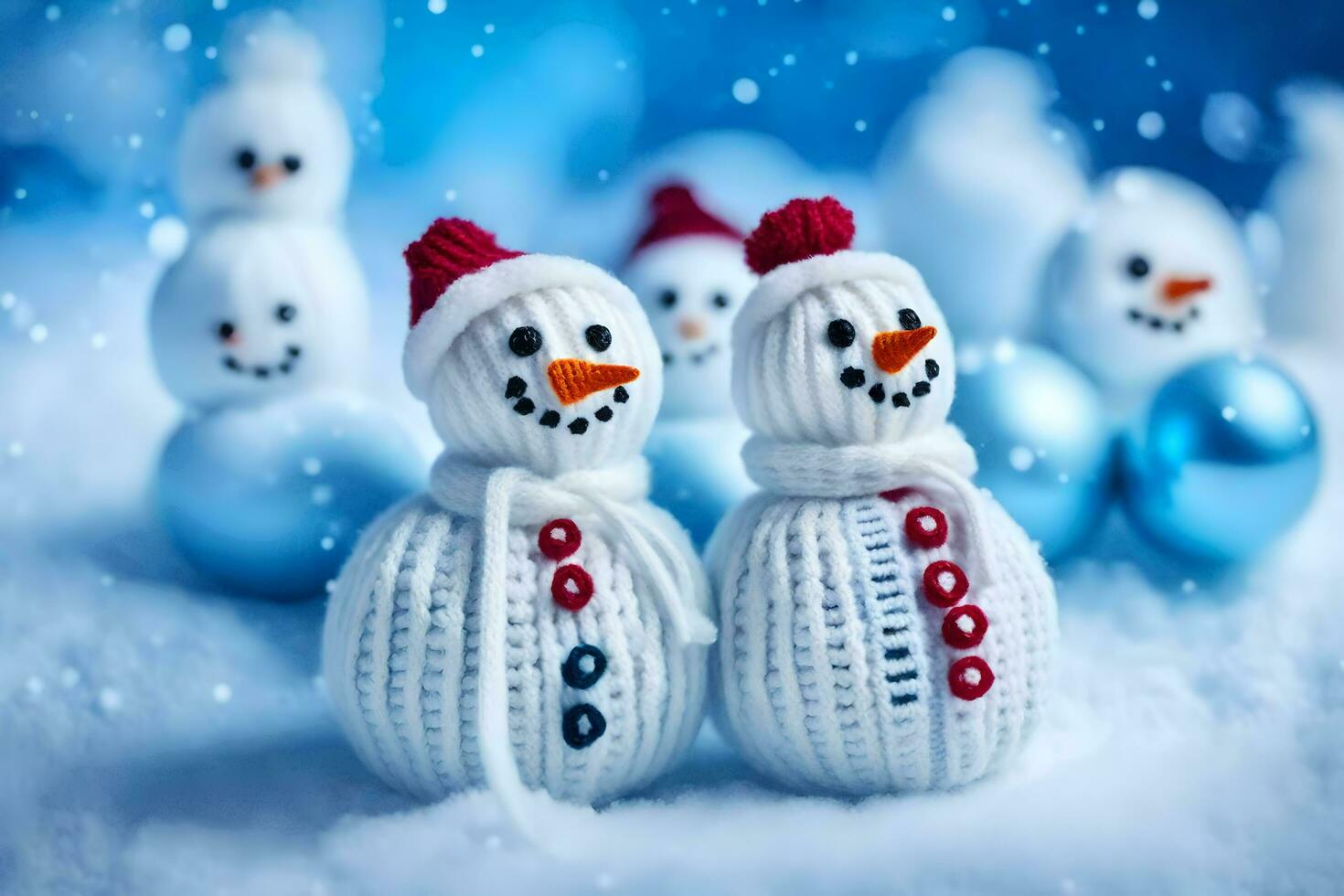 snowmen in hats and scarves are standing in front of blue balls. AI-Generated photo