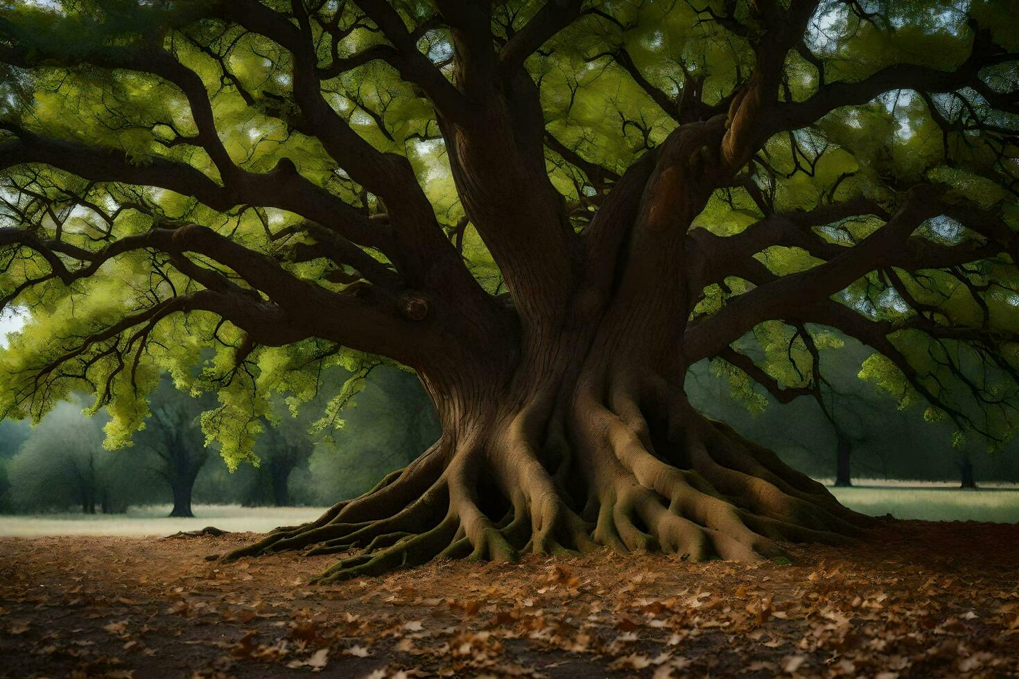 an old oak tree in the middle of a field. AI-Generated photo