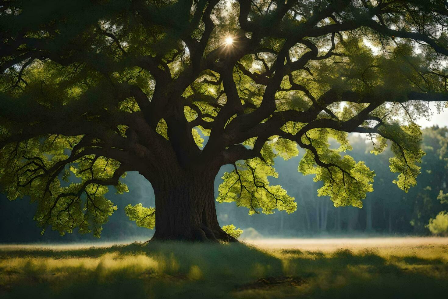 the sun shines through the leaves of an oak tree. AI-Generated photo