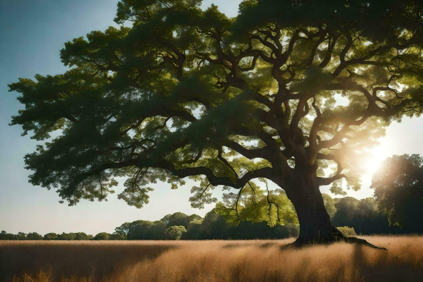 the sun shines through the leaves of an oak tree. AI-Generated photo