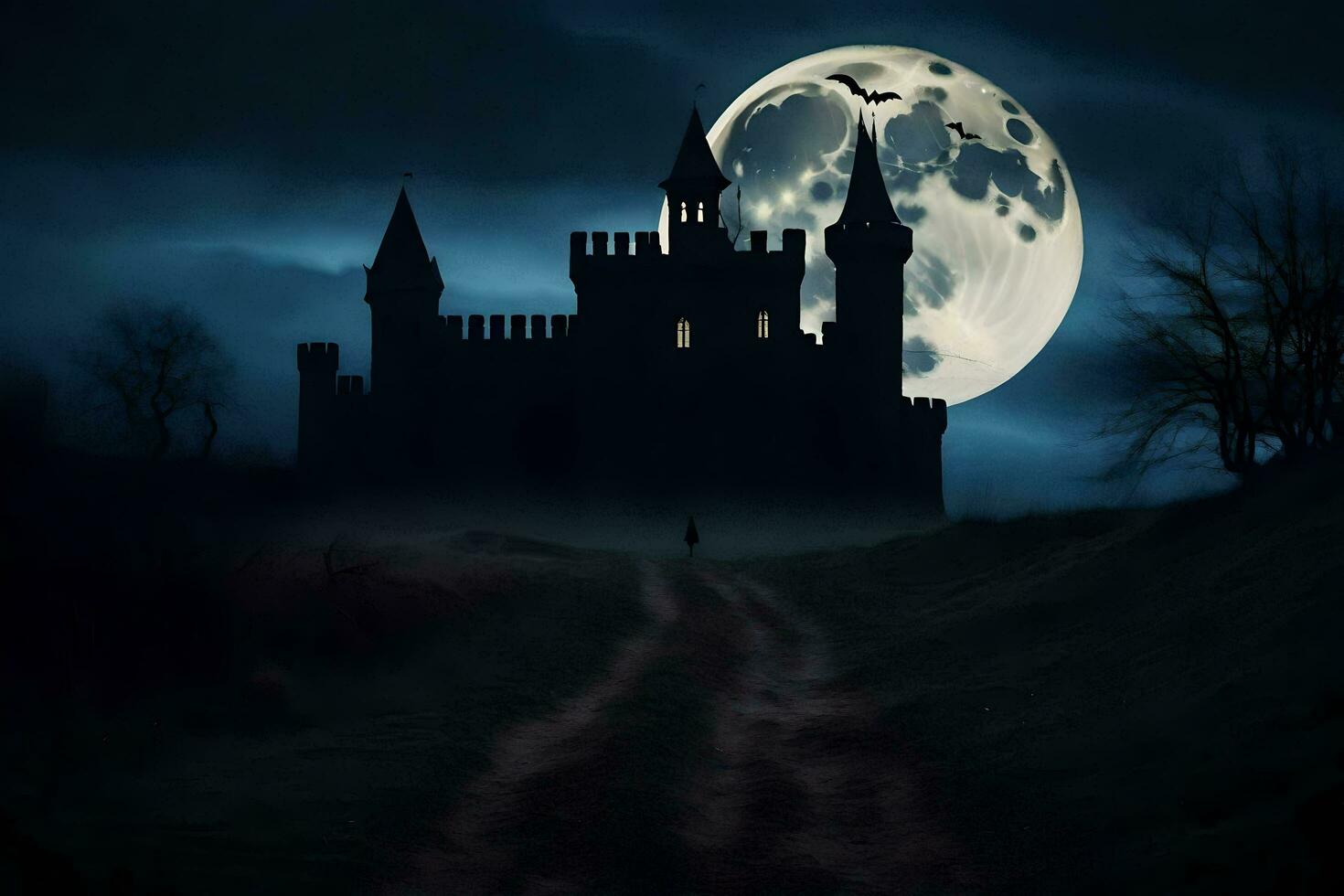 a castle in the dark with a full moon. AI-Generated photo