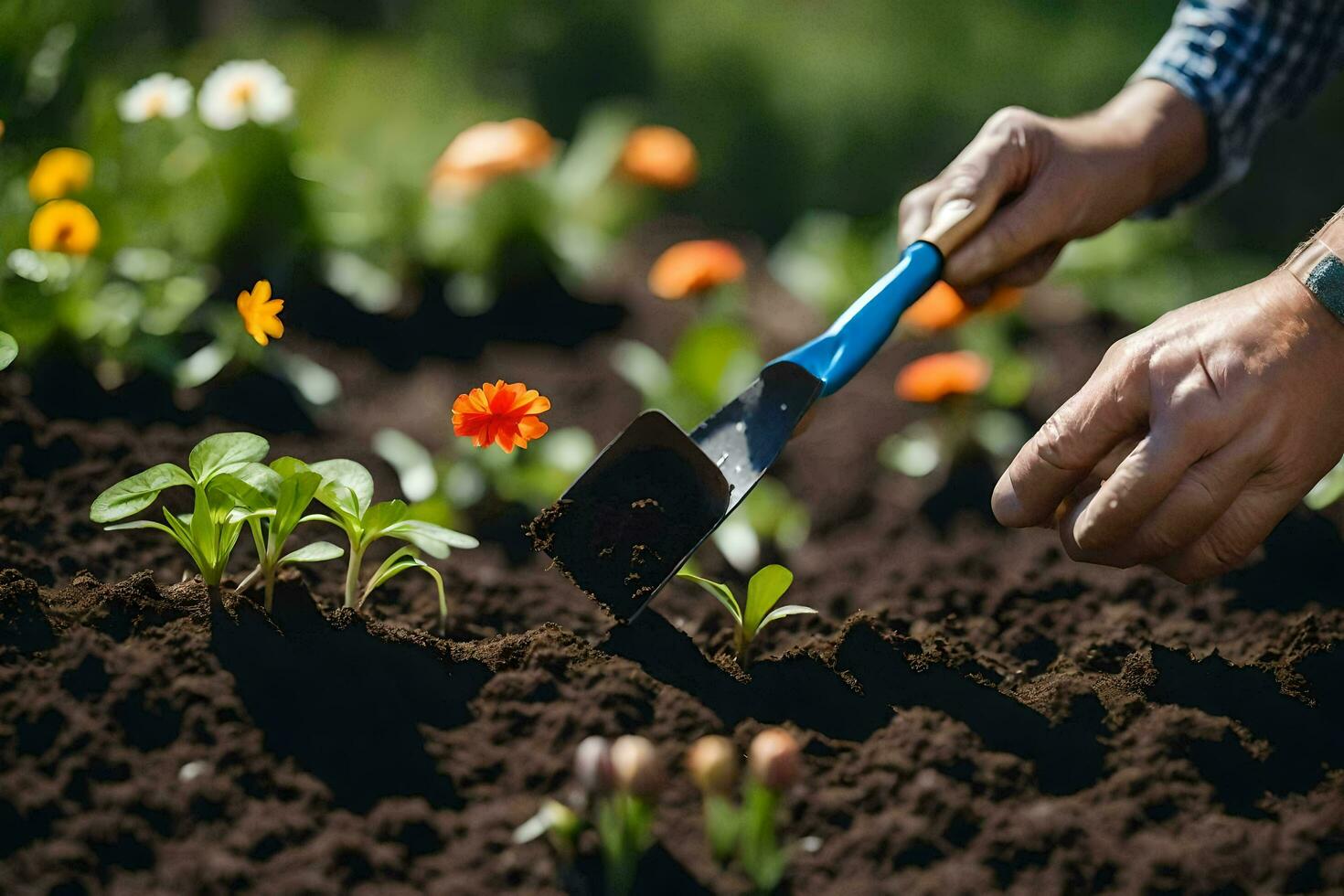 a person is using a shovel to dig in the soil. AI-Generated photo