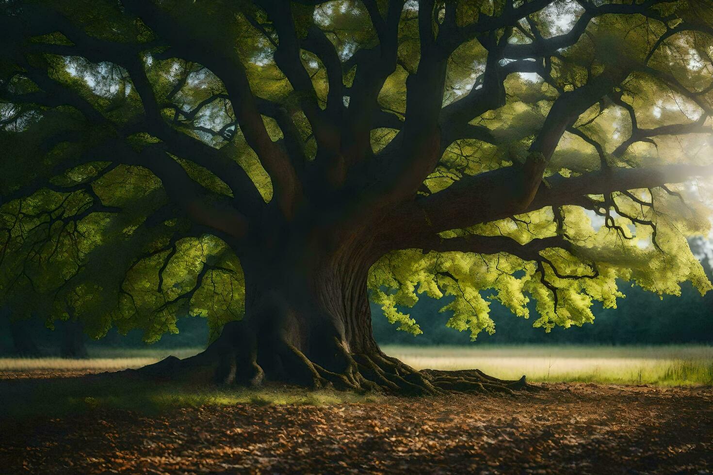 the sun shines through the leaves of an old oak tree. AI-Generated photo