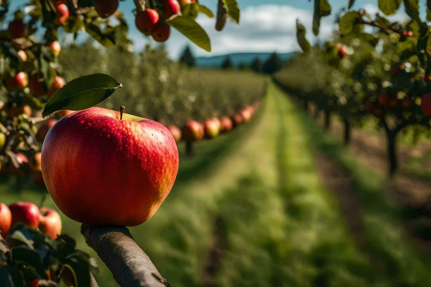 an apple is on a branch in an orchard. AI-Generated photo