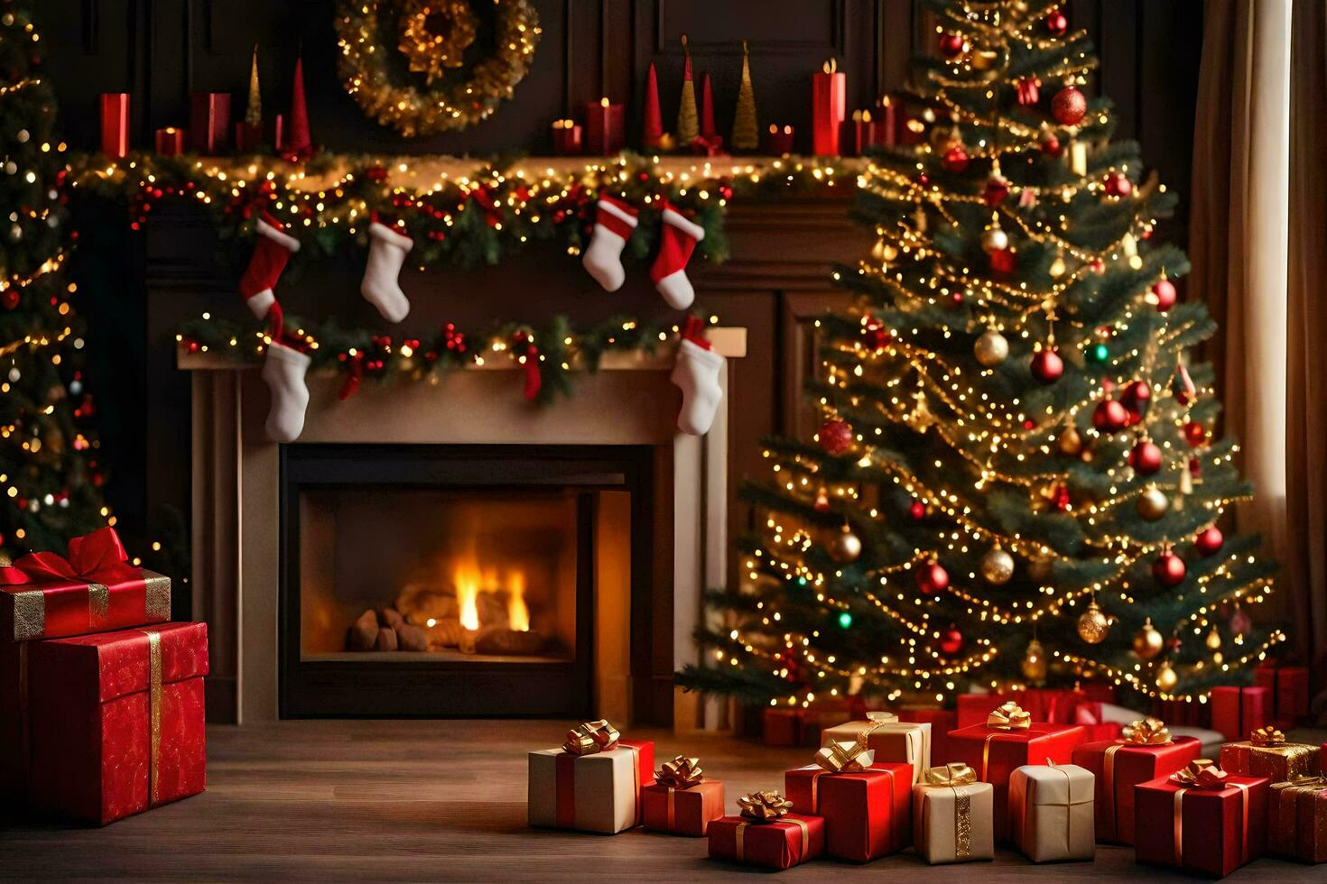 christmas tree and presents in front of fireplace. AI-Generated photo