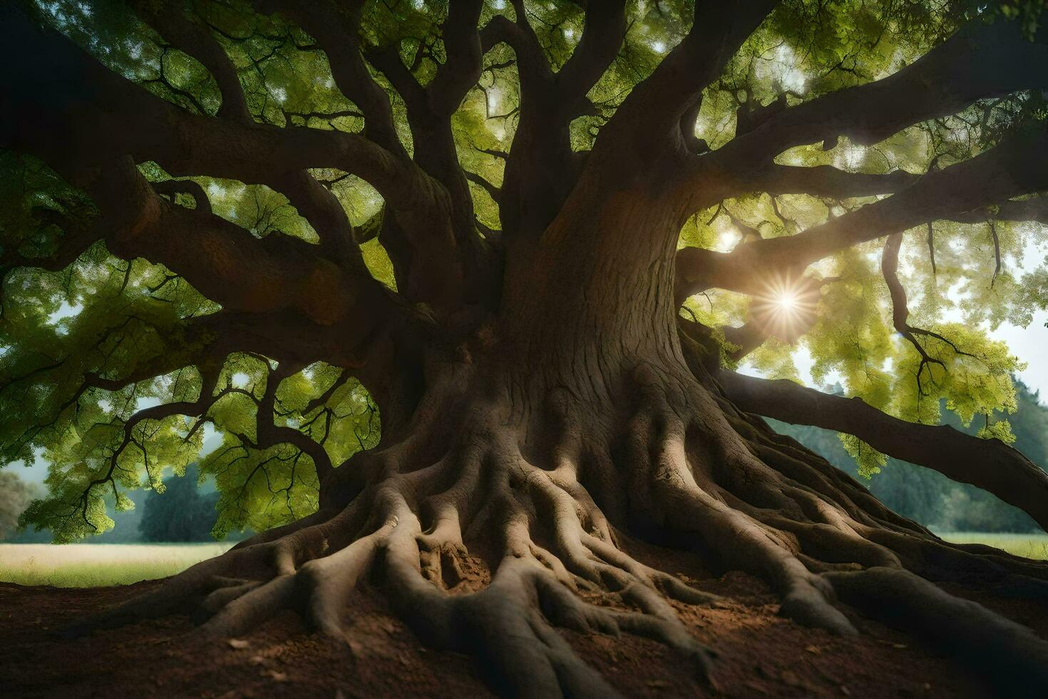 the sun shines through the roots of a large tree. AI-Generated photo