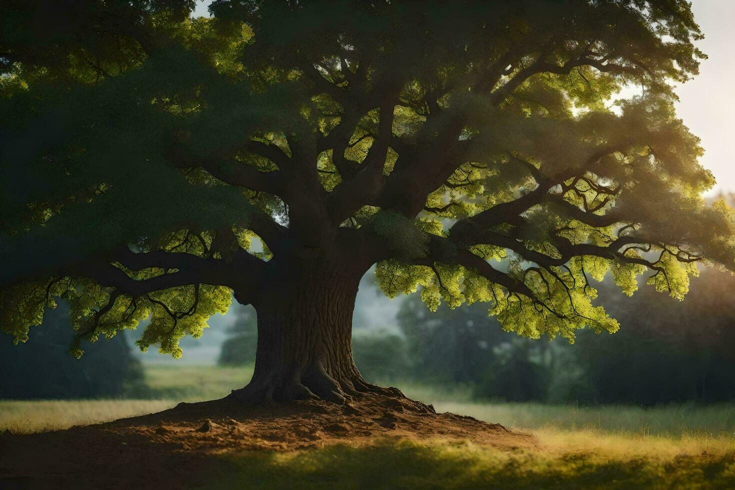 the sun shines through the leaves of an oak tree. AI-Generated photo