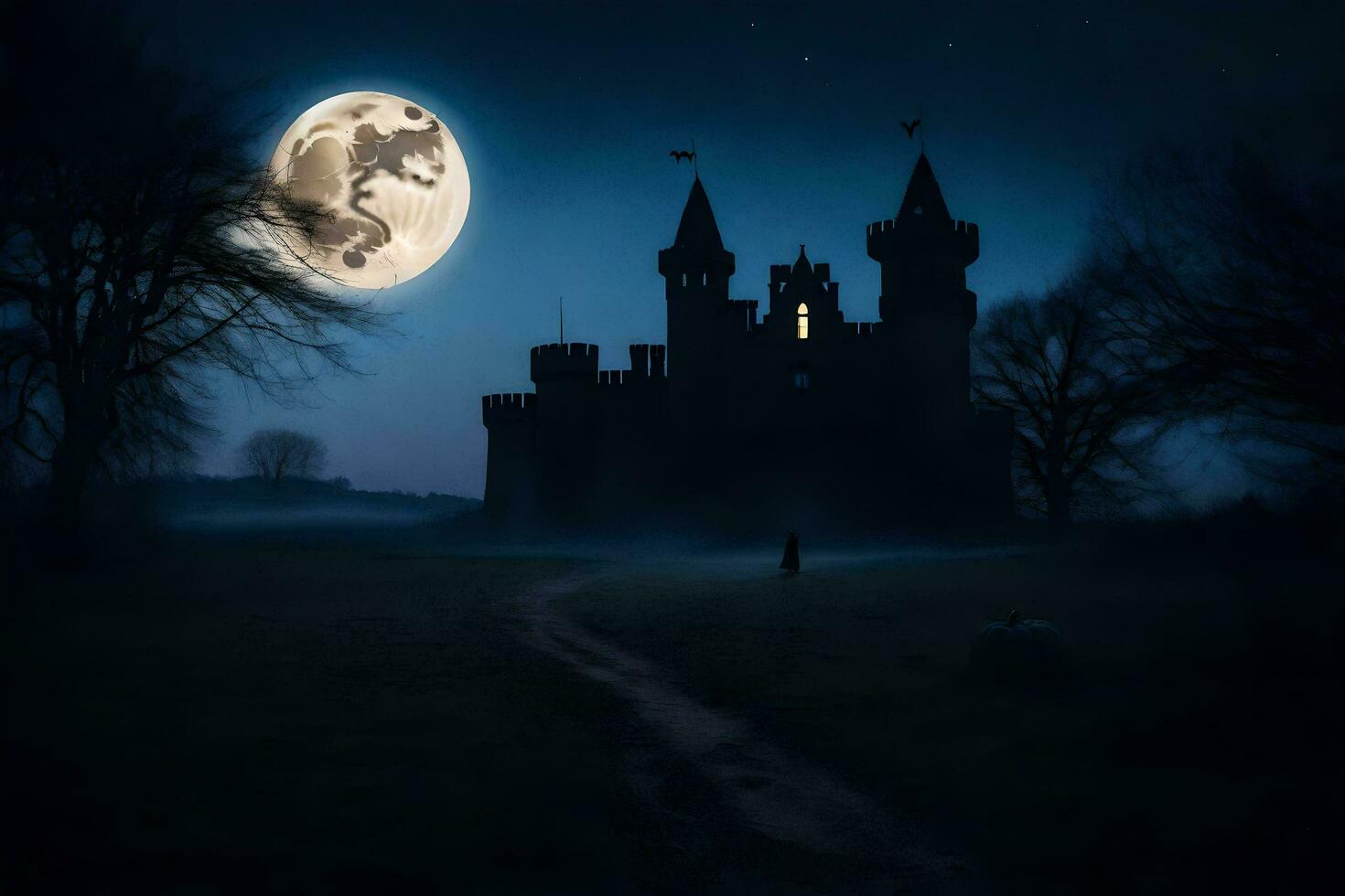 a castle in the dark with a full moon. AI-Generated photo