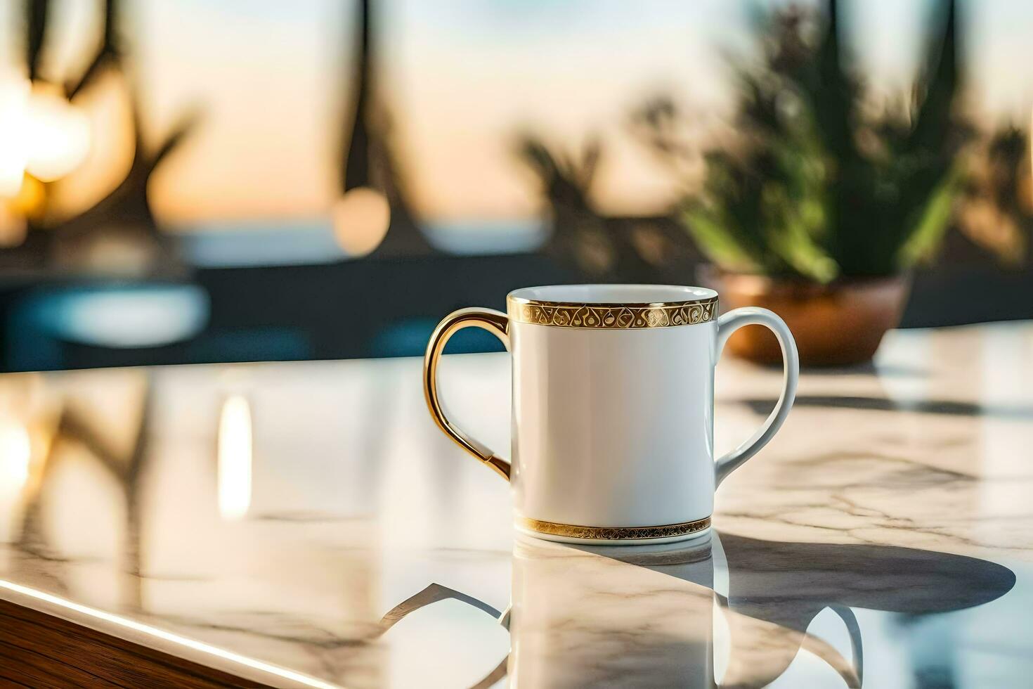 a white cup sitting on a marble counter top. AI-Generated photo