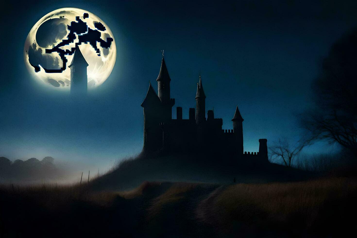 a castle in the night with a full moon. AI-Generated photo