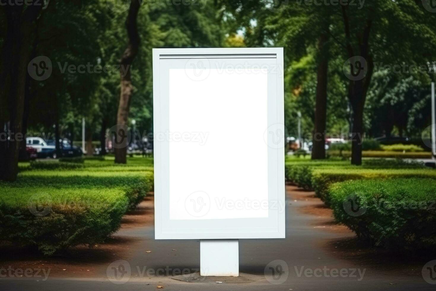 Layout of a white outdoor advertising poster in the park. AI generated photo