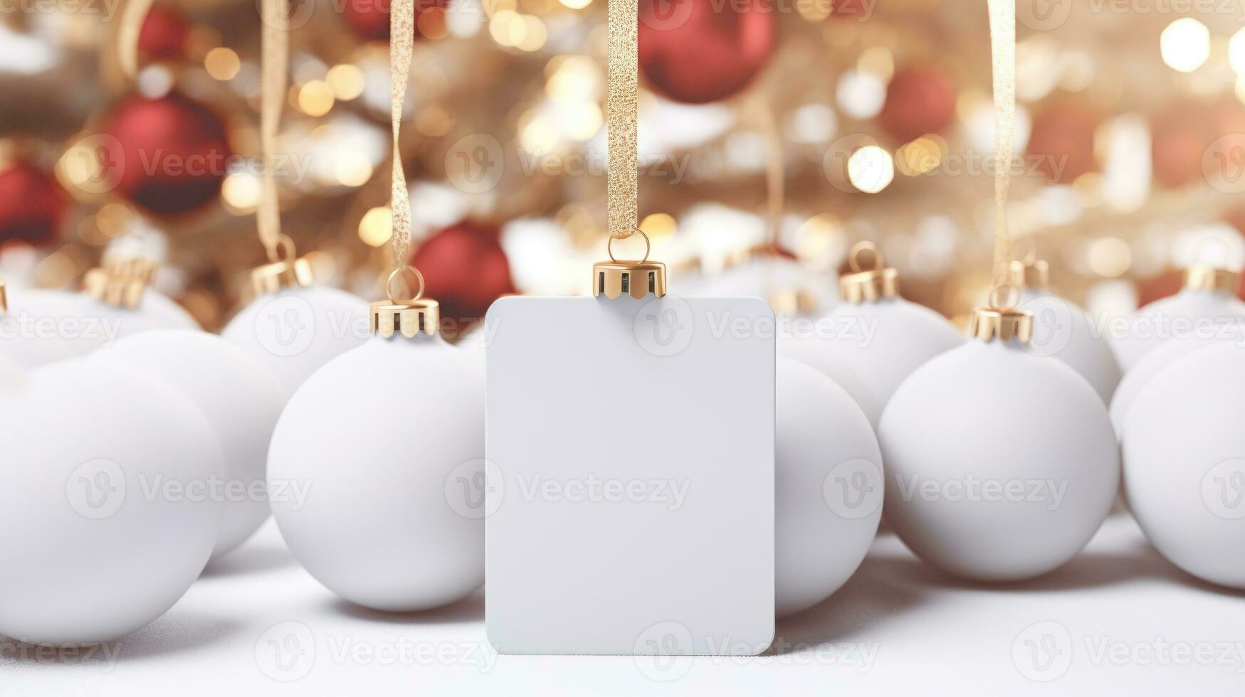 Mockup of white tags with Christmas balls. AI-Generated photo