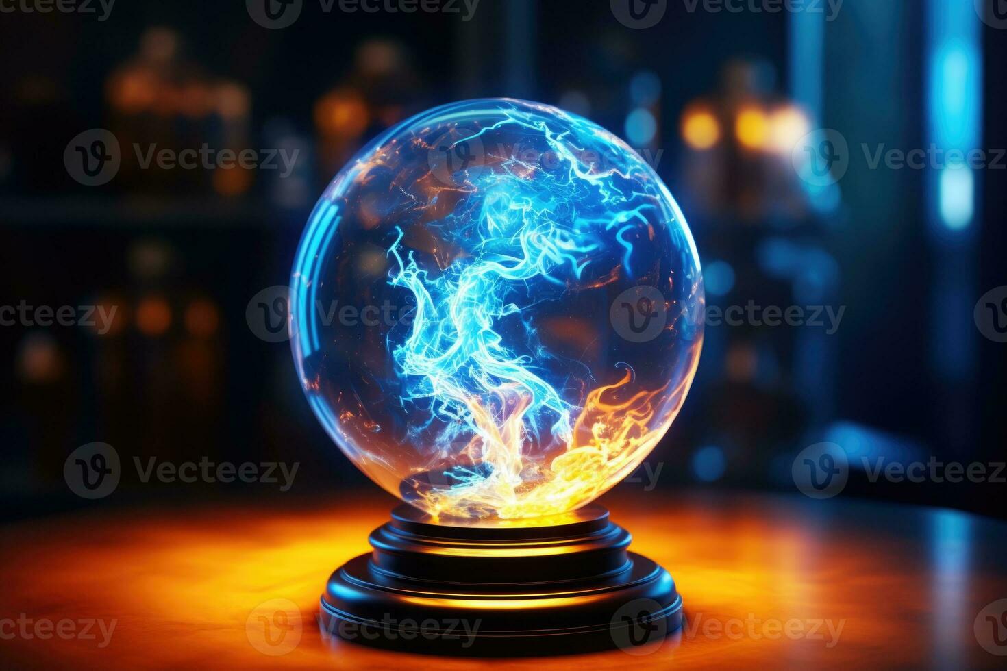Glass ball with electric current discharges inside. AI-Generated photo