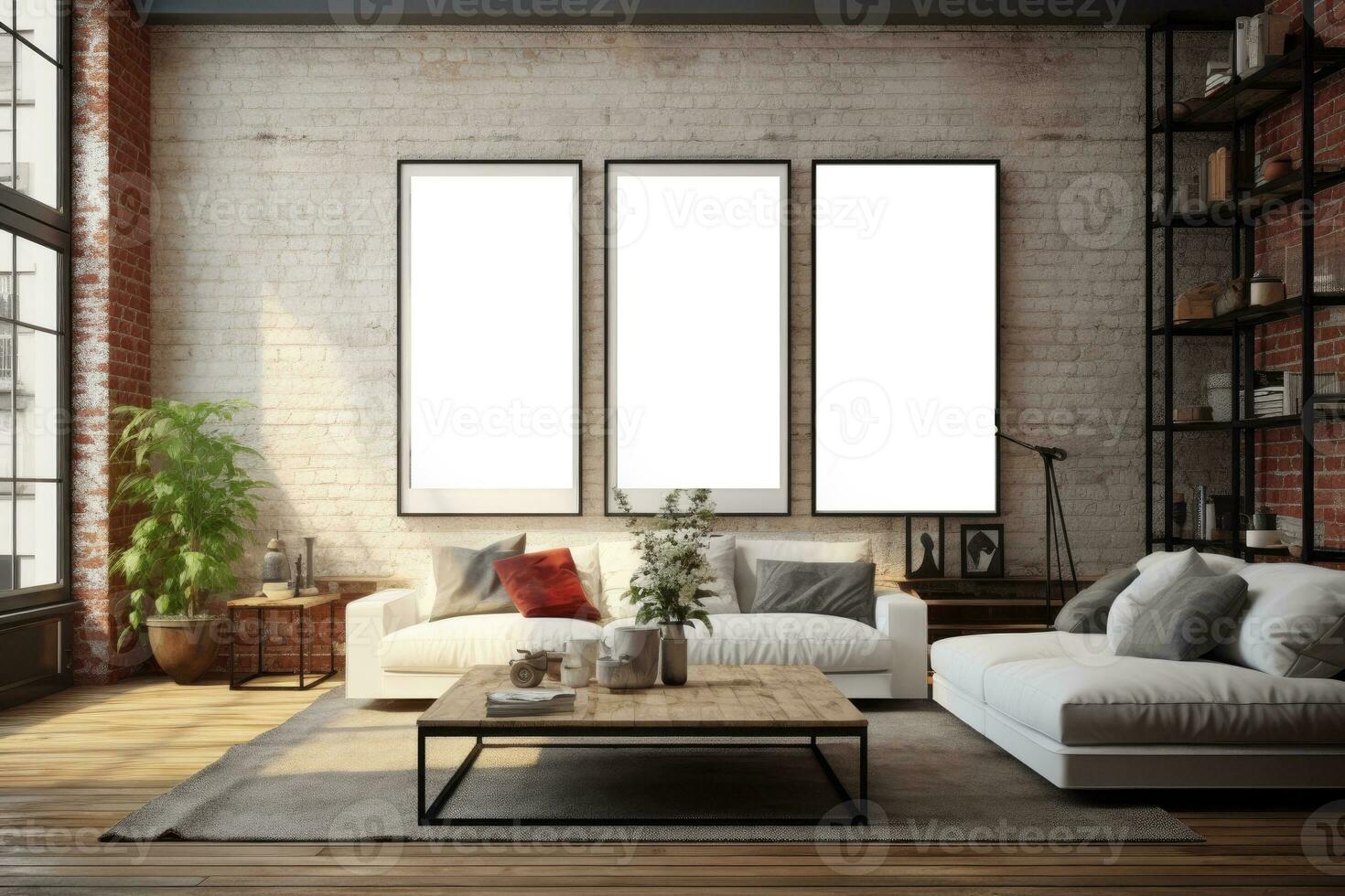 Loft-style living room interior with empty paintings, space for text. AI-Generated photo