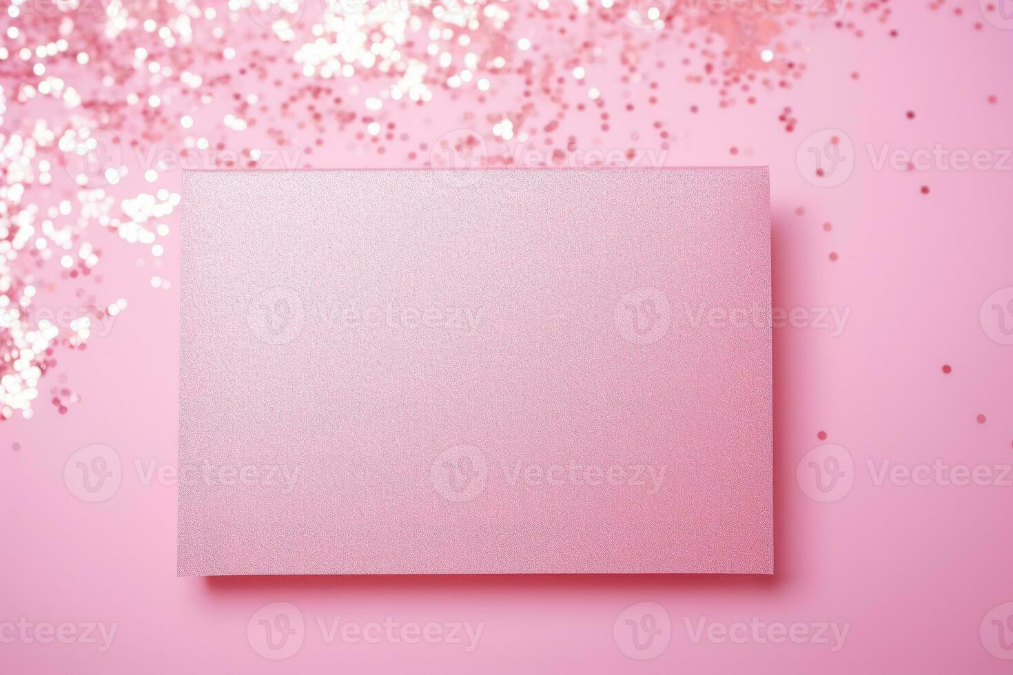 A mock-up of a pink postcard stands on a pink table with sequins and rhinestones. AI Generated photo