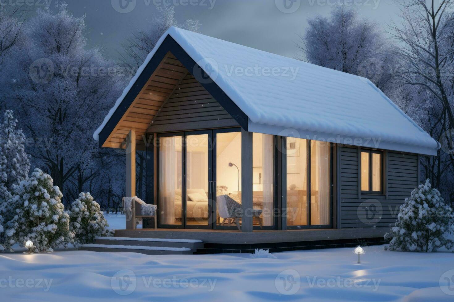 A small cozy house in winter in the snow. AI-Generated photo