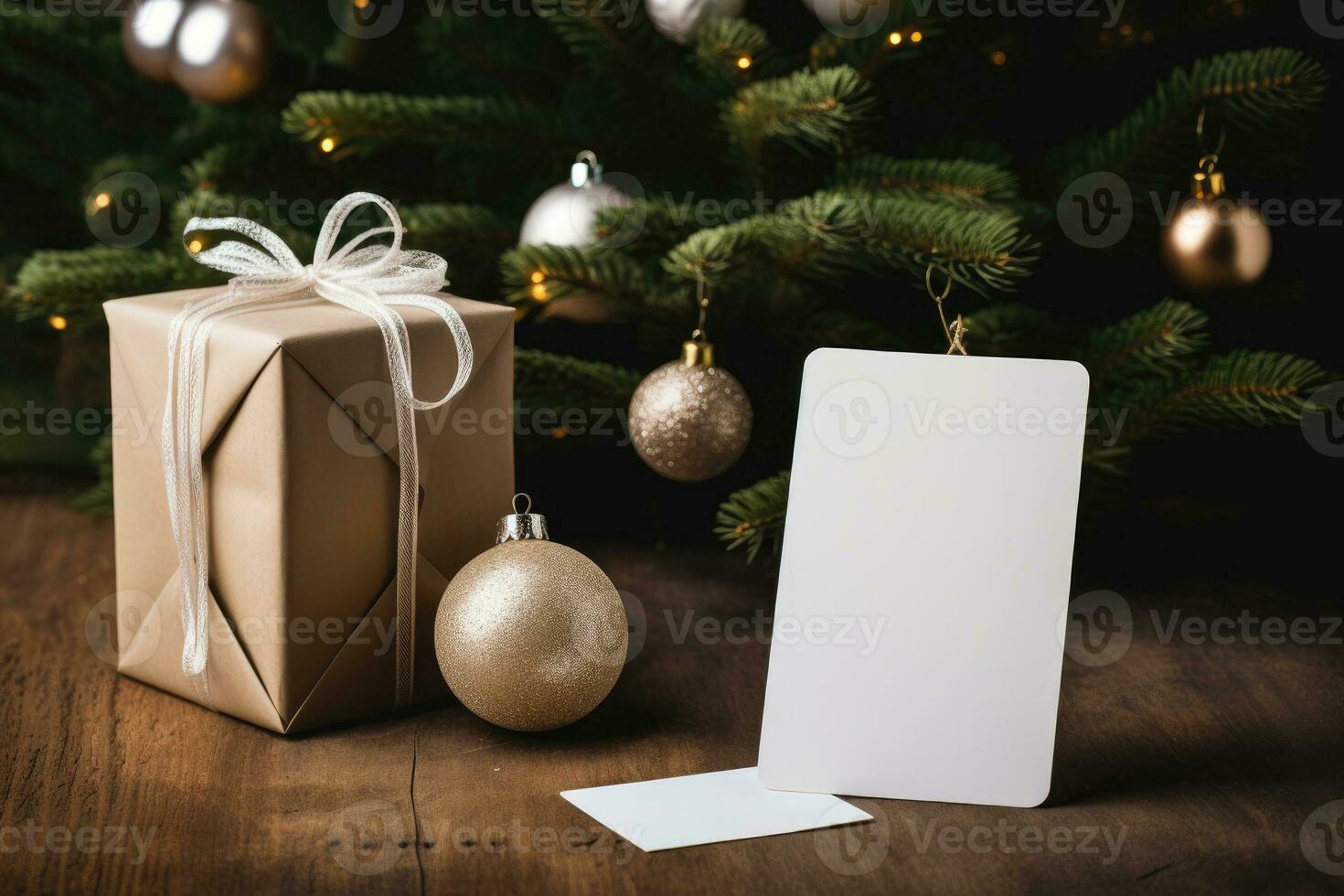 A mock-up of a white tag card with a gift box with Christmas tree toys and cones. AI Generated photo