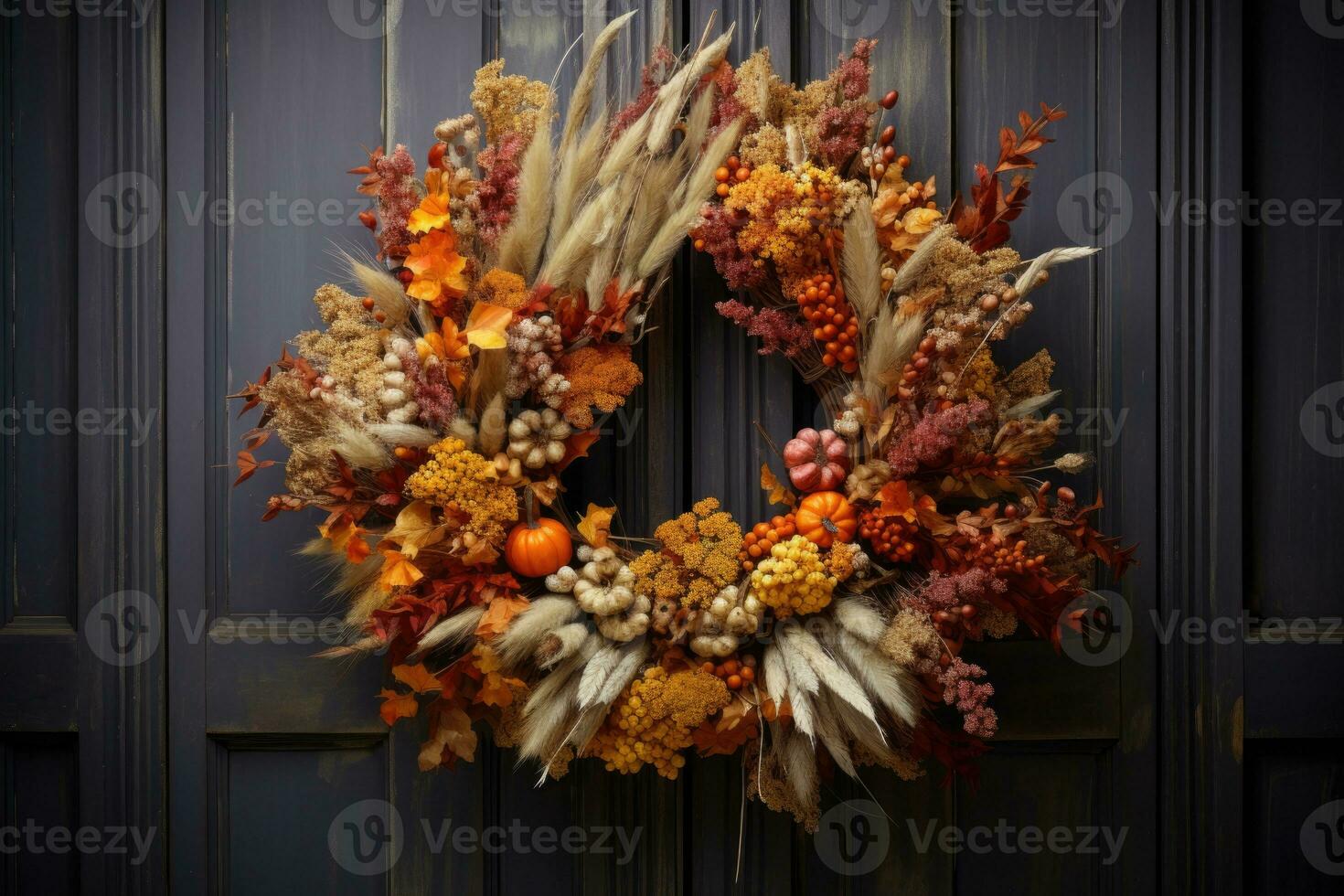 The main front wooden door. Autumn decorations for Thanksgiving. AI generated photo