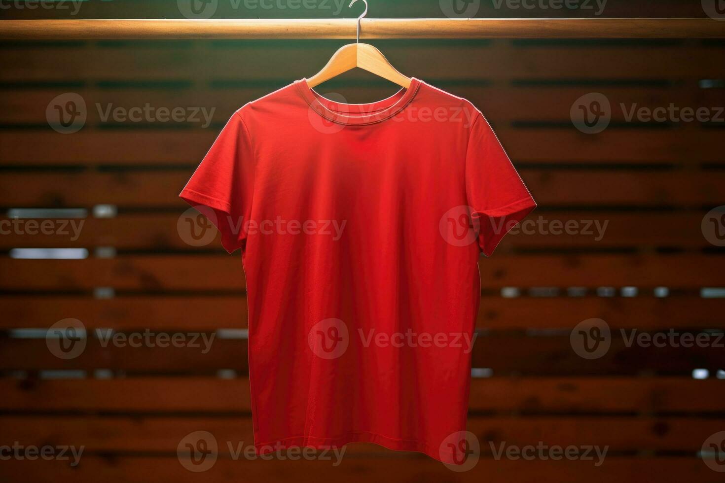 A red T-shirt is hanging on a hanger. AI generated photo