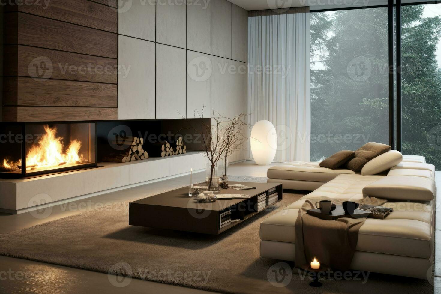 Loft-style living room with fireplace and sofa. AI generated photo