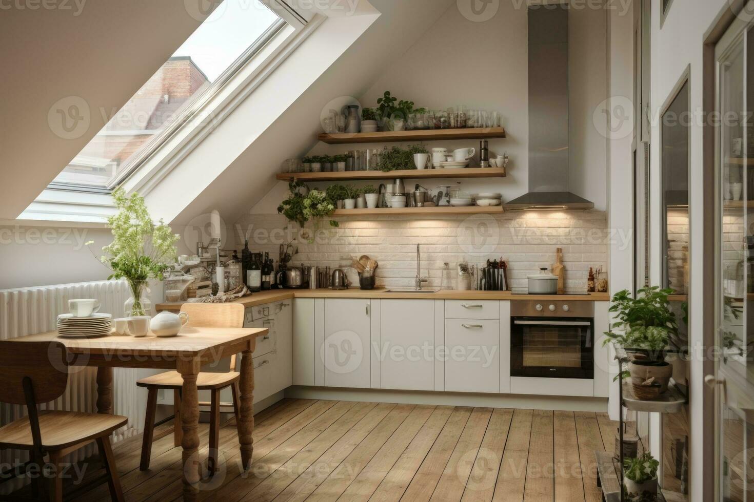 Small white kitchen with dining table. AI Generated photo