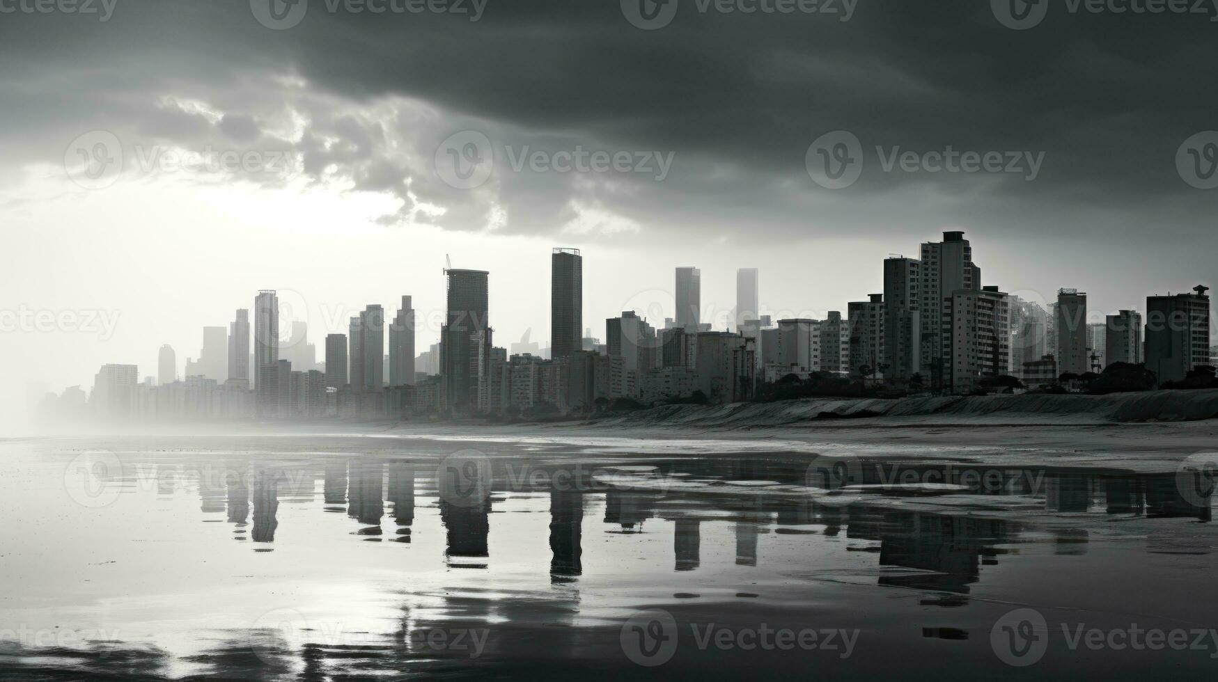 Landscape of a modern city with high-rise buildings along the coast, black and white photo. AI-Generated photo